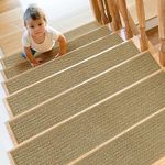 SMILOOL Natural Linen Non Slip Stair Treads for Wooden Steps Indoor, 8" x 30" 15 Pack, Carpet Stair Treads for Wood Stairs, Machine Washable Stair Runners for Kids Elders and Pets, Beige