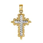 Two Tone Gold Diamond Cut Round Filigree Design Cross Pendant