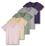 5 Pack: Womens V Neck T-Shirt Ladies Yoga Top Athletic Tees Active Wear Gym Workout Zumba Exercise Running Essentials Quick Dry Fit Dri Fit Moisture Wicking Basic Clothes - Set 14, XL