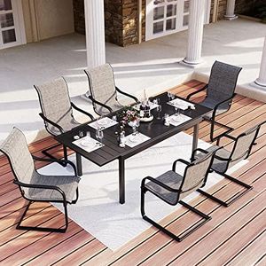 MFSTUDIO 7 PCS Outdoor Patio Dining Set with 6 Padded Sling Fabric Metal Rocking Chairs and 1 Rectangular Expandable Table, All-Weather Resistant, Outdoor Furnitures for 6, Tan