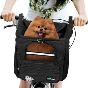 PetAmi Dog Bike Basket, Soft-Sided Ventilated Dog Bike Carrier Backpack, Dog Pet Bicycle Basket for Bike Handlebar, Small Medium Puppy Cat Kitten Car Booster Seat with Safety Strap (Black)