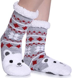 FNOVCO Kids Slipper Socks Boys Girls Fuzzy Soft Thick Cozy Warm Fleece lined Winter Indoor Christmas Socks, Polar Bear, 2-4 Years