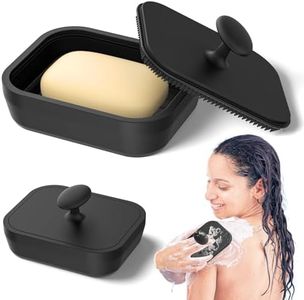 CLESOO Porte Savon de Voyage en Silicone, 2 en 1 Boite Savon Pliable avec Brosse Dos Douche, Support Savon Douche Étanche avec Brosse Nettoyante Visage pour Camping, Salle de Bain, Gymnase et Voyage