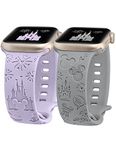 Girovo 2 Packs Cartoon Engraved Bracelet Compatible with Apple Watch Band 40mm 38mm 41mm 42mm Women, Cute Anime Soft Silicone Strap for iWatch Bands Series 10/9/8/7/6/5/4/3/2/1/SE/SE2, Lavender/Grey