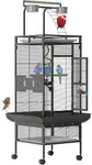 60 Inch Wrought Iron Large Bird Cage with Rolling Stand, Metal Parrot Cage with Play Top & 4 Stainless Steel Bowls for African Grey Cockatiel Sun Parakeet Green Cheek Conure Lovebird Budgie, Black