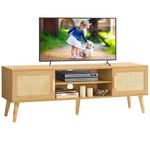 Iwell Rattan TV Stand for 65 Inch TV, TV Bench, Entertainment Center TV Console with 2 Cabinets & Shelf, Media Console, Rattan Cabinet for Living Room, Natural