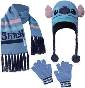 Disney Cappello Bambina, Set Invernale Cappello, Sciarpa, Guanti Stitch (Blu Stitch Set)
