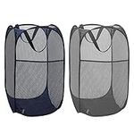 2 Pack Pop Up Collapsible Laundry Baskets, Foldable Mesh Popup Laundry Hamper with Reinforced Carry Handles, Folding Pop-Up Clothes Hampers are Great for Kids Room, College Dorm or Travel (Blue+Grey)