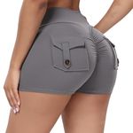 FITTOO Scrunch Bum Gym Shorts for Women Butt Lifting High Waisted Cargo Shorts with Pockets for Workout Sports Cycling Cycle Biker Running Grey L