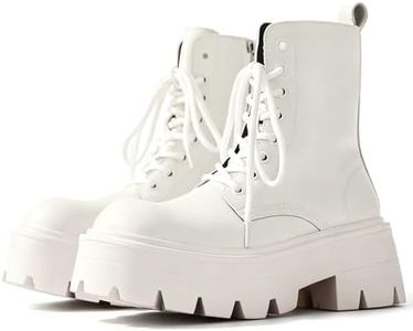 CrazySavage Men's Black Leather Lace-up Platform Combat Boots Wide Toe Side Zipper Chunky Heel Lug Sole Ankle Booties Comfort High Top Waterproof Biker Boots (White,9)