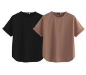 JUNEBERRY® Pure 100% Cotton Oversized Loose Baggy Fit Round Neck with Drop Shoulder Black & Cork Half Sleeves Boyfriend T-Shirt for Women & Girls (PO2_BF_44BK_46CR_XL)