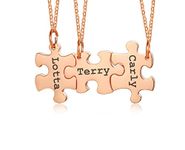 Personalised Best Friend Necklace - Customised Stainless Steel Puzzle Name BFF Necklace for 3, Rose Gold Jigsaw Matching Necklaces for Women Girls, Friendship Necklace Gifts for Birthday Christmas