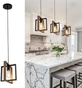DORESshop Farmhouse Pendant Light Fixture, Adjustable Kitchen Island Lighting, Rustic Hanging Light with Brown Wood and Black Metal, Pendant Light for Kitchen Island, Dining Room(3 Pack Square