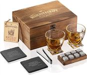 Mixology Whiskey Stones Gift Set for Men - Pack of 2, 10 oz Whiskey Glasses w/ 8 Granite Chilling Rocks, 2 Coasters, Metal Tong & Cocktail Cards in Wooden Box - Twist