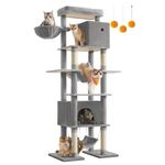 Feandrea 201 cm Tall Cat Tree, XXL Large Cat Tower for Indoor Cats, Multi-Level Cat Condo with 4 Scratching Posts, 2 Hammocks, a Perch, 2 Cat Caves, Anti-Tip Kit, Light Grey PCT195G01