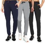 RynoGear Men Lycra Stretchable Trackpant Combo With Zipper Pockets (Pack Of 3), Black, Navy Blue & Light Grey