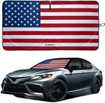 American Flag Windshield Sun Shade, High-Resolution Car Sun Shield with Mirror Cut-Out for Automotive Interior Sun Protection Heat Reduction, Folding Car Sunshade with Storage Bag - Large, Original