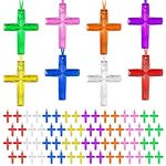 120 Pieces Crystal Cross Necklace Plastic Cross Necklace Church Welcome Necklace Christian Religious Party Supplies for Sunday School Vacation Bible School Religious Easter, 8 Colors, Plastic, crystal