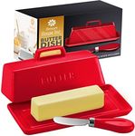 Ceramic Butter Dish Set with Lid and Knife - [Red]- Decorative Butter Stick Holder with Handle for 1 Stick of Butter - Microwave Safe, Dishwasher Safe - Anti-Scratch Stickers Included.