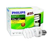 Philips 431122 CFL 13W = 60W Philips EnergySaver Mini Twister Flourescent Bulb, Soft White (2700 Kelvin), E26 Base, 6-Pack