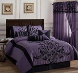 Chezmoi Collection Nobility 7-Piece Faux Silk Comforter Set Queen - Luxury Violet Black Flocked Velvet Floral All Season Bedding Comforter Set