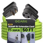 GEARit 30-Amp Extension Cord for RV and Auto, (50-Feet) 3-Prong 125-Volt 10/3 STW 10AWG Gauge 3 Wire, NEMA TT-30P to TT-30R, Outdoor Camper Power Cord