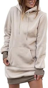 Women's Color Block Hooded Sweatshirt Dress Lightweight Drawstring Long Sleeve Pullover Hoodie Dress with Kangaroo Pocket, Color Block Apricot, Small