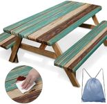 Nesphy Teal Brown Wooden Picnic Table Cover with Bench Covers, Vintage Retro Wood Board Outdoor Camping Essentials 6FT 3PCS Fitted Rectangle RV Must Haves Tablecloth with Drawstring Bag