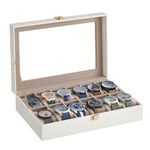 SONGMICS Watch Box with 12 Slots, Watch Case with Glass Lid, Watch Display Box with Removable Watch Pillows, Metal Clasp, Gift Idea, Cloud White Synthetic Leather, Cappuccino Beige Lining JWB120W01