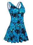 MiYang Women's Plus-Size Flower Printing Shaping Body One Piece Swim Dresses Swimsuit, Deep Blue Leaf, 26-28