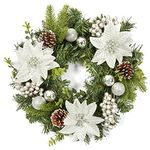 LinTimes 16 Inch Christmas Wreath for Front Door, 40cm Silver Artificial Wreaths with Xmas Baubles, Xmas Flowers, Berries and Pine Cones for Fireplace Wall Window Door Christmas Outside Decoration