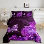 Butterfly Kids Comforter Set Lovely Purple Flower Bed Sheet Set for Boys Teens Decor Cute 3D Animal Theme Bedding Set Set Purple Black Bed Cover Bedroom Comforter Inner Fill 3Pcs Queen Size