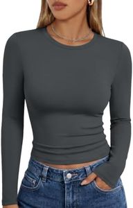 Trendy Queen Womens Long Sleeve Shirts Basic Crop Tops Tight Slim Fit Cute Teen Girls Fall Winter Y2k Clothes Gray XL
