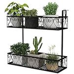 COSTWAY 2 Tiers Hanging Flower Rack, Metal Balcony Railing Planter with Adjustable Hooks, Over The Rail Flower Baskets Pot Holder Plant Stand for Patio Porch Fence