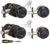 Lanwandeng 2 Sets All Keyed Alike Entry Door Knobs and Single Cylinder Deadbolt Lock Combo Set, Security for Entrance and Front Door with Classic Flat Ball Matte Black Finish