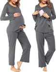 Ekouaer Womens Long Sleeve Breastfeeding Set 2 Piece Nursing Pajama Set with Pockets Adjustable Pregnancy PJS with Pants Grey S