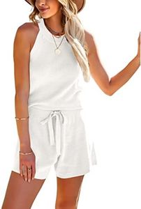 SySea Women‘s Summer 2 Piece Outfits Knit Halter Tank Top and Shorts Lounge Set White