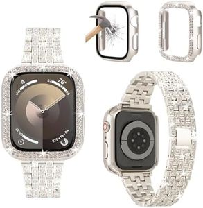 3-Pack Compatible For Apple Watch Band 38mm 40mm 41mm 42mm 44mm 45mm 46mm 49mm with Case, Bling Diamond Metal Band with Diamond Case + Screen Protective Cover For iWatch Series 10 9 SE 8 7 6 5 4 3 2 1 (Starlight, 46mm)