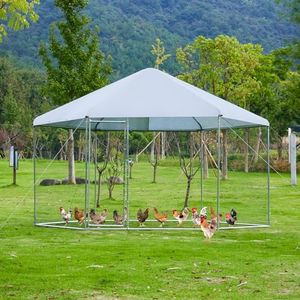 Chicken Coop, Large Metal Hexagonal Chicken Run Poultry Cage with Waterproof Anti-Ultraviolet Oxford Tarp and Steel Frame Animal Habitat, for Rabbits Ducks Cats Dogs (13.1x8.6FT)