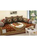 UrbanArts 100% Pure Cotton Jaipuri Diwan Set of 6 Pcs (1 Bedsheet, 2 Bolster Cover, 3 Cushion Cover) | Cotton Diwan Set for Drawing Room, Living Room and Bedroom, Style-11