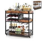 GiantexUK 3-Tier Kitchen Serving Cart, Home Bar Cart Trolley with Wine Rack, Glass Holder, Removable Tray & Handles, Rolling Drinks Trolley on Lockable Wheels (with Removable Top Tray, 80x40x83cm)