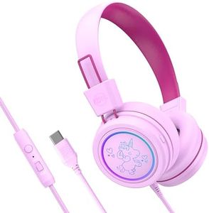 MEE audio KidJamz KJ55 Safe Listening USB-C Headphones for Children with Multicolor LED Lights, Volume Limiter, & Microphone; On-Ear Wired Kids Headset for iPhone 15, iPad, & USB Type C Devices (Pink)