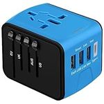 Universal International Travel Power Adapter, All in One Wall Charger with High Speed 2.4A 3xUSB, 3.0A Type-C, European Adapter, Worldwide AC Outlet Plugs for UK, EU, AU, Asia (Blue)