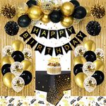 Birthday Decorations for Men Women, Black and Gold Party Decorations, Happy Birthday Banner with Black Gold Balloons Tablecloth Pom Poms Confetti Foil Fringe Curtains, Men Golden Birthday Party Decor