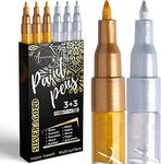 Acrylic Paint Pens for Rock Painting, Stone, Ceramic, Glass, Wood, Fabric, Canvas, Metal, Scrapbooking. (6 Pack) Set of 3 Gold & 3 Silver Acrylic Paint Markers Water- Based Extra-Fine Tip 0.7mm