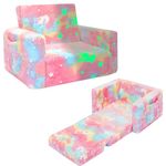 SLIGUY Kids Couch, Fold Out Kids Sofa Chair, Toddler Convertible Sofa to Lounger Pull Out Couch, Glow in The Dark Sofa Chair for Boys and Girls (Pink Unicorn)