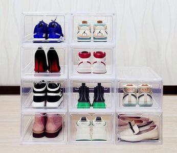 JECCICHY 10 Pack Clear Shoe Storage Boxes Stackable, Plastic Shoe Boxes with Lids, Sneaker Storage, Transparent, Thick Hard, Drop Front Door, Within US Size 13, Size: 13.54”x10.63”x7.48”