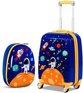 Costway 2PCS Kids Luggage Set, 13" & 18" Carry on Suitcase Set w/Spinner Wheels & Cute Mermaid Pattern, Adjustable Trolley Rod Height & Backpack Shoulder Strap (Astronaut)