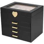 Kendal Jewelry Box, 5-Layer Jewelry Organizer Box with Glass Lid, Black, Heart Shaped PU Leather, Storage Box for Necklace Earrings Rings Bracelets, Gift Idea for Girls LJC4DRBK