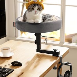 NordMagood Cat Hammock for Desk – Adjustable Metal Cat Bed with Headphone Holder, Scratch-Resistant Pet Shelf for Small Spaces, Modern Desk Cats Perch for Home/Office - Gray